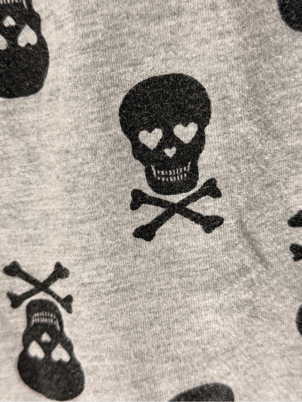 Derek Heart Gray Pajama Leggings with Black Heart-Eye Skull Print